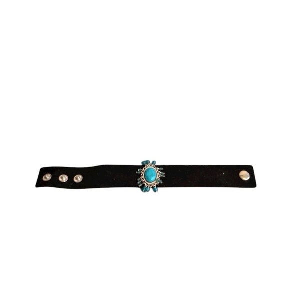 Vintage Black Suede Leather Bracelet Strap with Faux Turquoise Stone - Picture 1 of 2